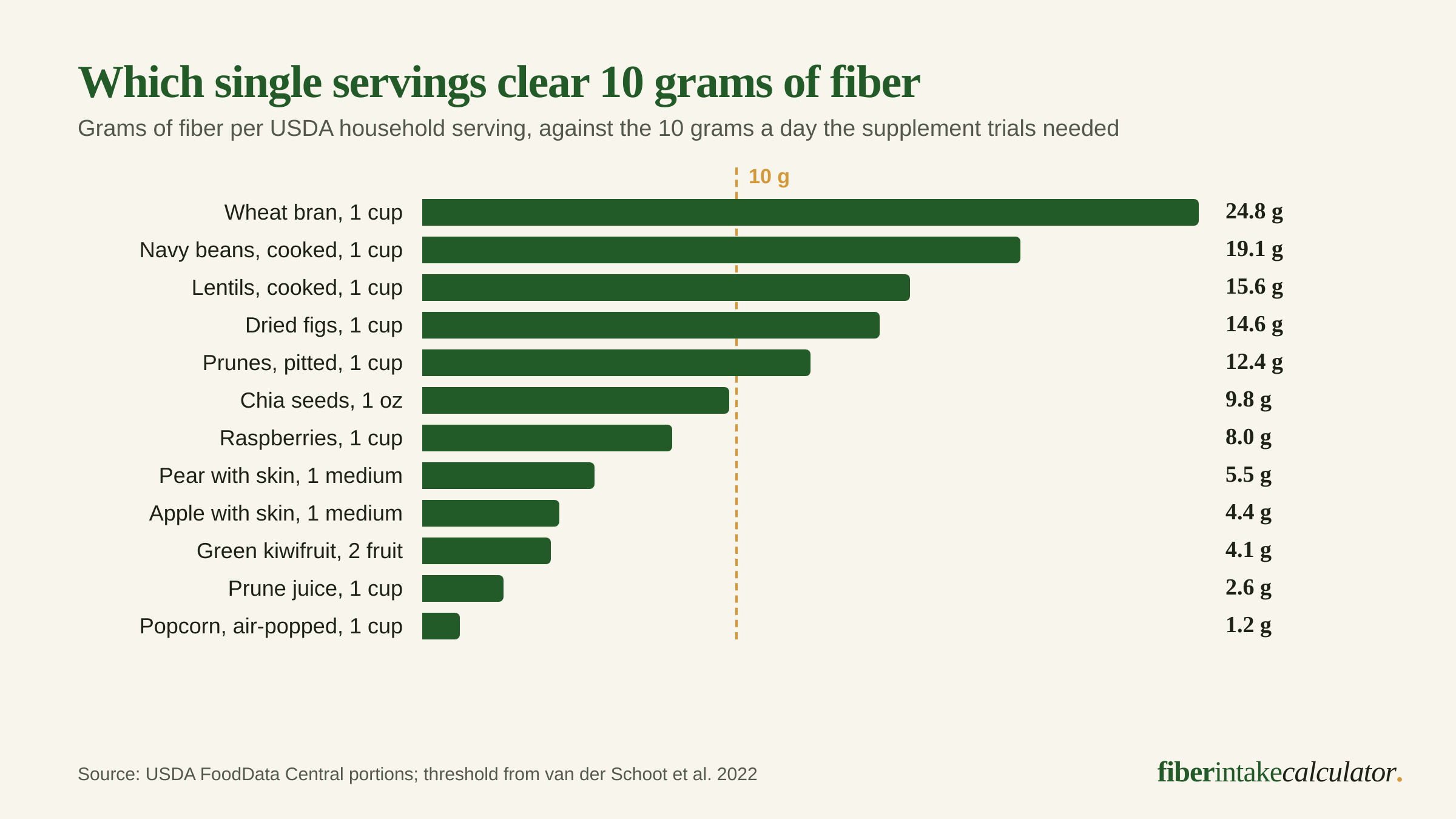 Bar chart of fiber grams per USDA serving for twelve foods against a 10 gram marker, led by 24.8 grams in a cup of wheat bran and 19.1 grams in a cup of navy beans, with prune juice at 2.6 grams and a cup of air-popped popcorn at 1.2 grams