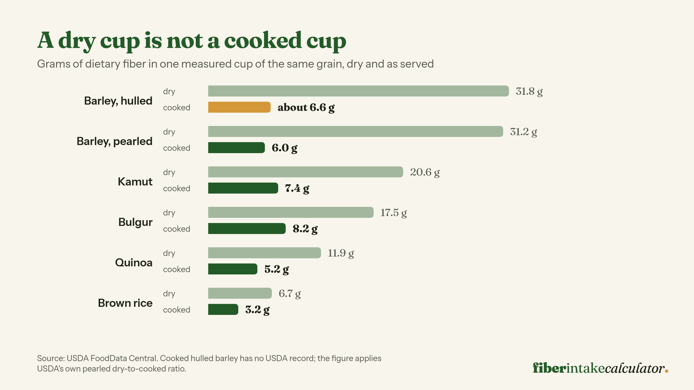 Paired bar chart of fiber per dry cup against fiber per cooked cup for six grains, with hulled barley falling from 31.8 grams dry to about 6.6 grams cooked and bulgur from 17.5 grams to 8.2 grams